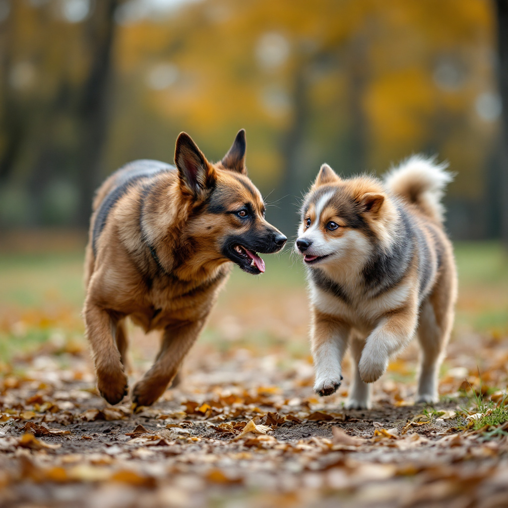 At a dog park, a tense situation between two dogs. An aggressive dog displays threatening body language, teeth bared and hackles raised, as it pursues a visibly frightened dog. The scared dog cowers attempts to flee from the pursuing aggressor, creating a dangerous situation.