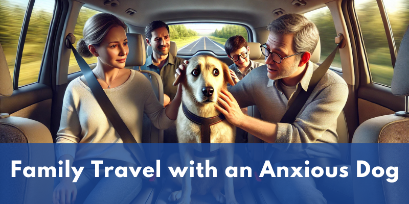 A family travels in their RV, with their anxious labrador. Parents navigate and calm the anxious dog from the front while kids offer encourgement to their furry companion, who's clearly uneasy about the unfamiliar motion and surroundings.