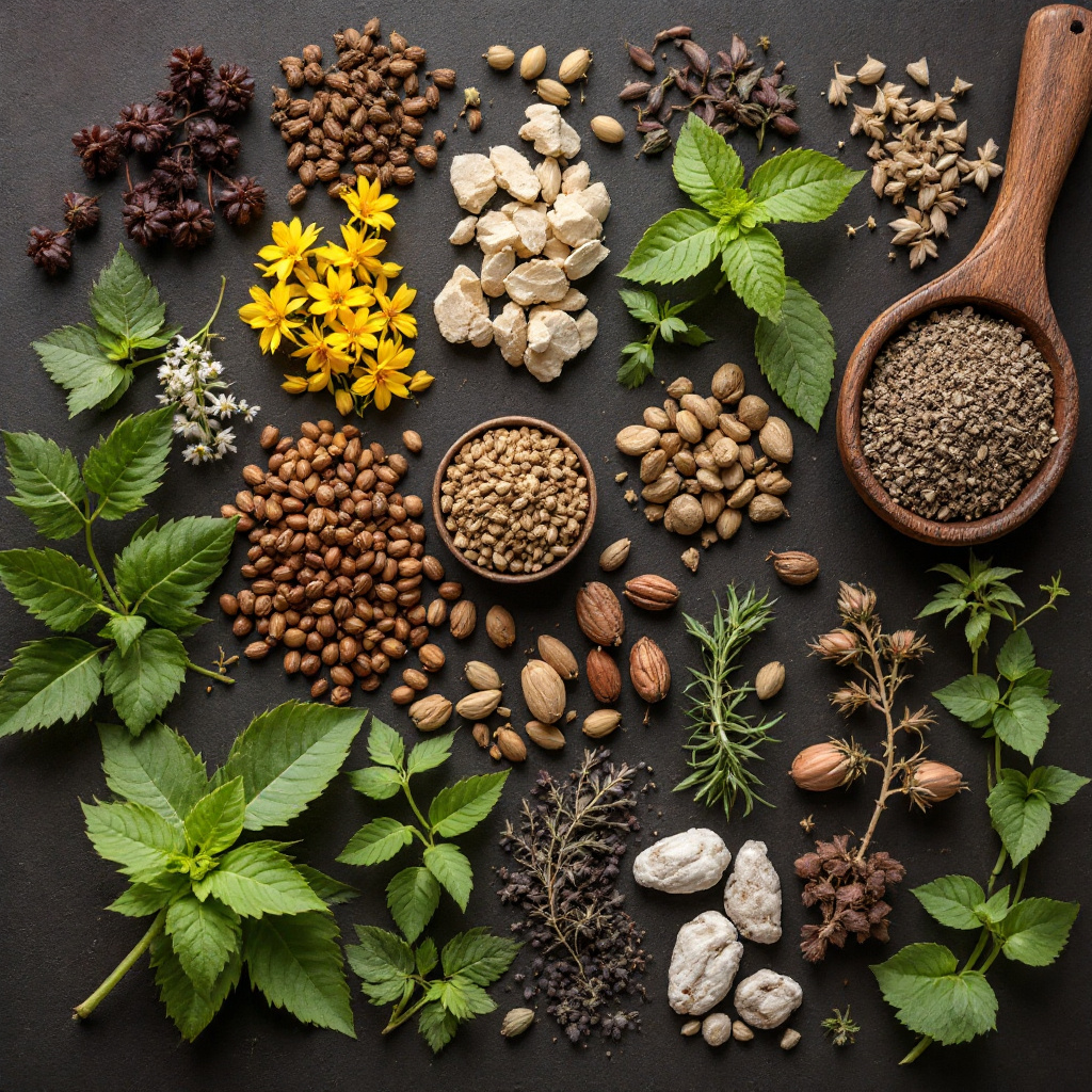 a selection of herbs and spices that are beneficial for dogs helping them to relax and treat anxiety