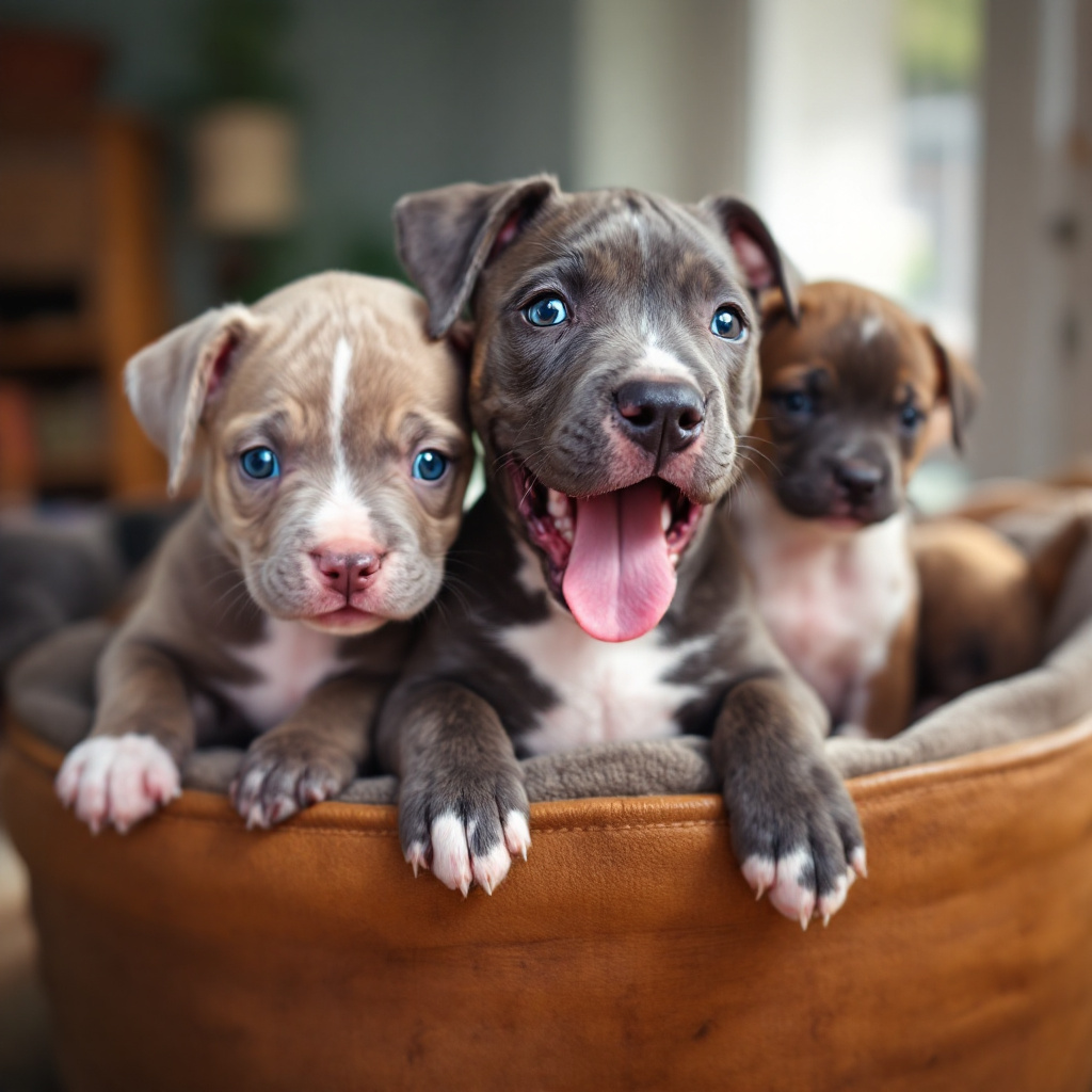 pitbull puppies sitting in a basket looking cute and cuddly