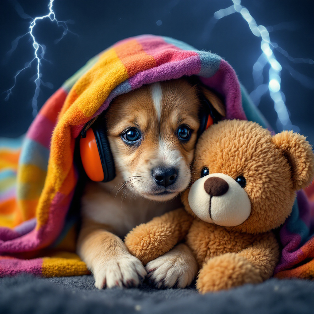 an anxious puppy watching a thunderstorm wearing protective ear muffs huddling under colorful blanket with plush teddy bear. Pet anxiety behavior shown as dog seeks comfort from loud noises and thunder.