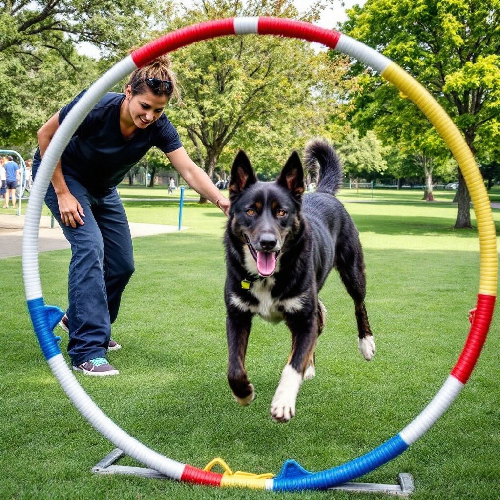 professional dog trainer with colored hoop teaching dog at local park