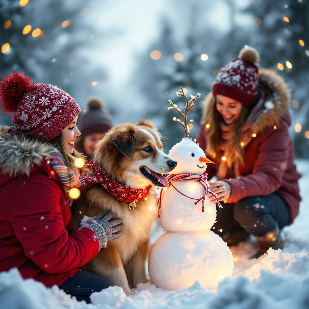 happy dog and teenagers building a snowman
