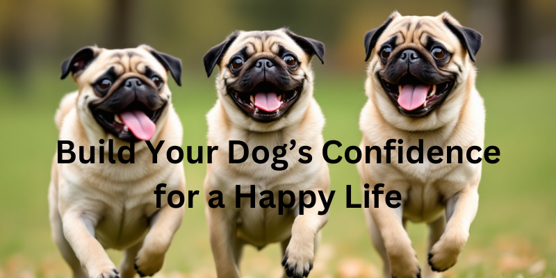 3 pugs run joyously through the park. Build your dog’s confidence is crucial for their overall happiness