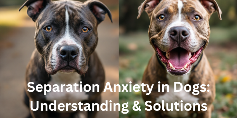 2 pitbull dog both sad/anxious when alone and right side: the same dog happy and secure